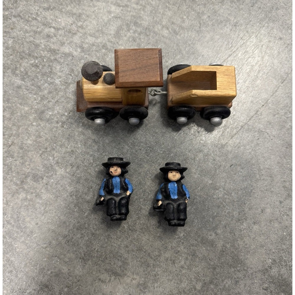 Vintage Wooden Toy Train w Cast Iron Amish Couple Figurines Primitive Decor